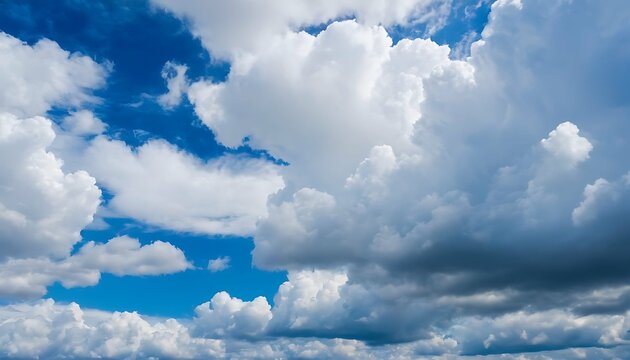 Vast blue sky filled with white clouds, ranging from large cumulus clouds to smaller puffs, bright sky