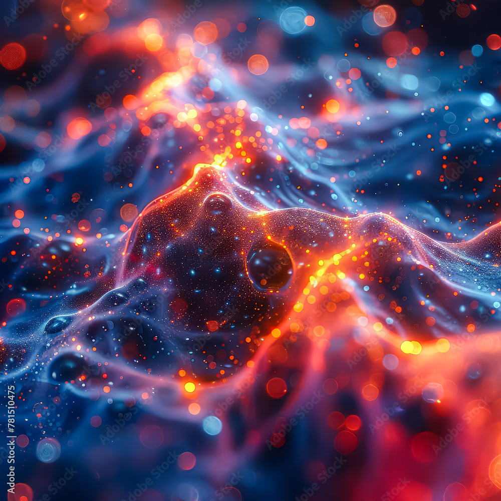 Poster the image is a colorful, abstract representation of a wave. the wave is made up of blue and red colo