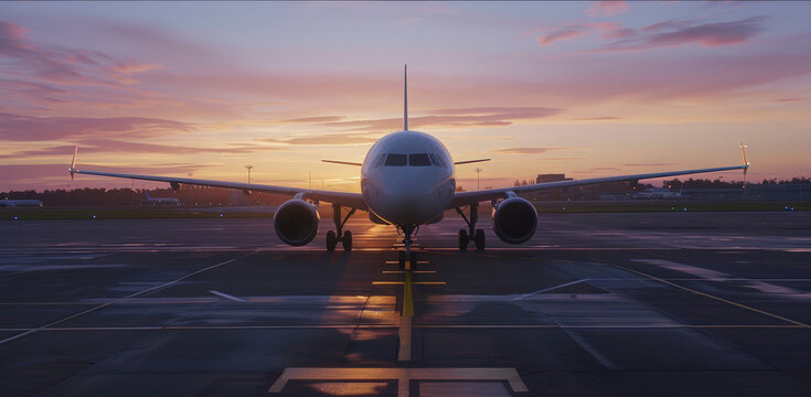 Commercial plane seen from the front on the airport runway during sunset
