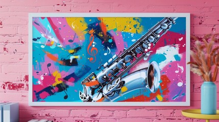 Expressive saxophone and music notes on pink canvas symbolizing jazz energy, ideal for modern wall...