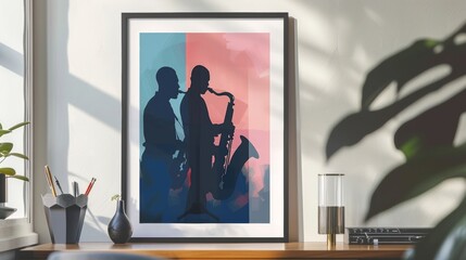 Stylish minimalist jazz poster featuring saxophone players against a bold red backdrop, ideal for modern interior decor