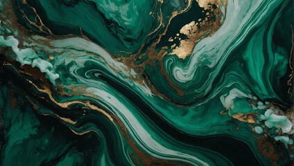 Opulent texture of marbled jade ink, with swirling mint green petals, delicate blossom patterns, and shimmering bronze lines on a backdrop of lush forest green.