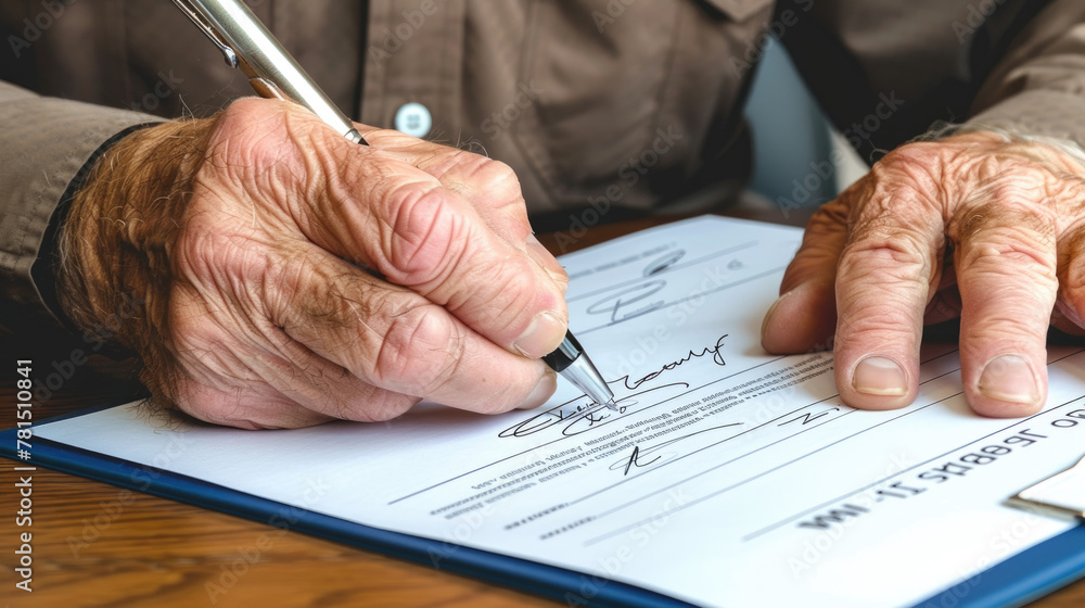 Poster a man is signing a document with a pen on a table. the document appears official and the man is focu