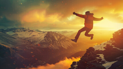 A person leaping off a cliff, suspended in mid-air with legs bent, arms outstretched, and a clear blue sky in the background