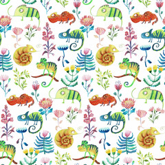 botanical illustration with chameleon, watercolor pattern