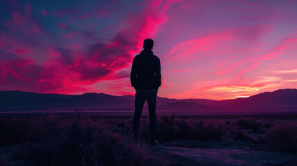 Fototapeta premium A lone figure stands contemplating the vivid pink and purple hues of the sunset sky against a desert backdrop
