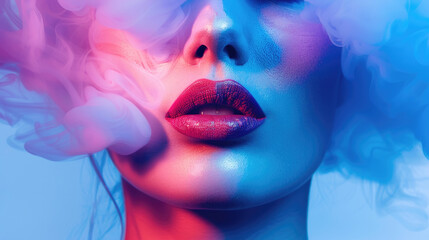 Close-up view of a womans parted lips and nose enveloped in swirling pink and blue smoke, creating a dreamy and artistic effect
