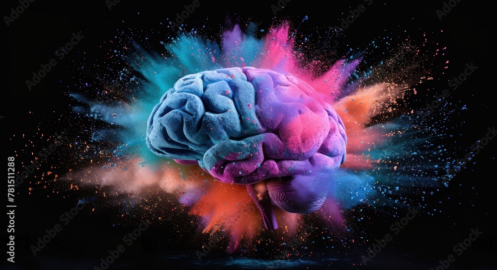 Poster a colorful brain made of powder of a exploding beautiful color. generate ai image