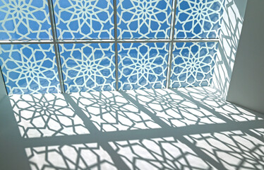 Islamic traditional patterns, window with sunlight, part of Sheikh Zayed Grand Mosque interior in...