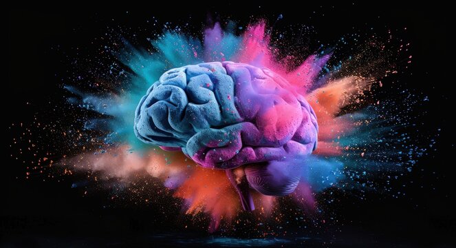 A colorful brain made of powder of a exploding beautiful color. Generate AI image