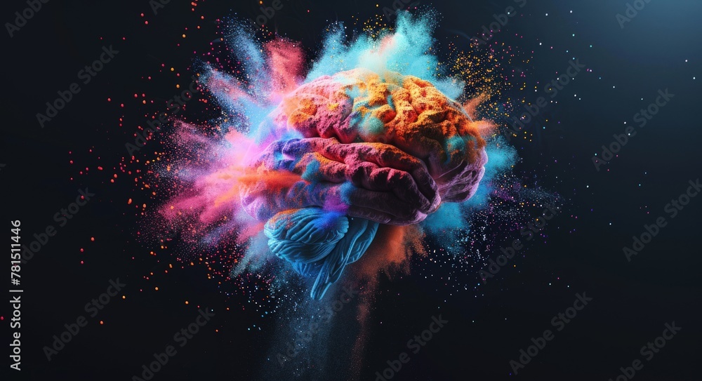 Poster a colorful brain made of powder of a exploding beautiful color. generate ai image