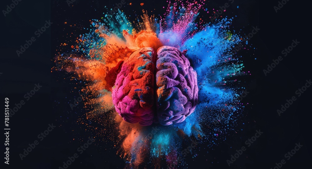 Poster a colorful brain made of powder of a exploding beautiful color. generate ai image