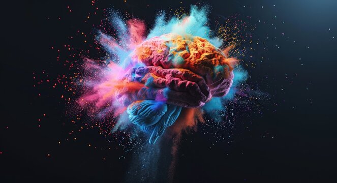 A colorful brain made of powder of a exploding beautiful color. Generate AI image