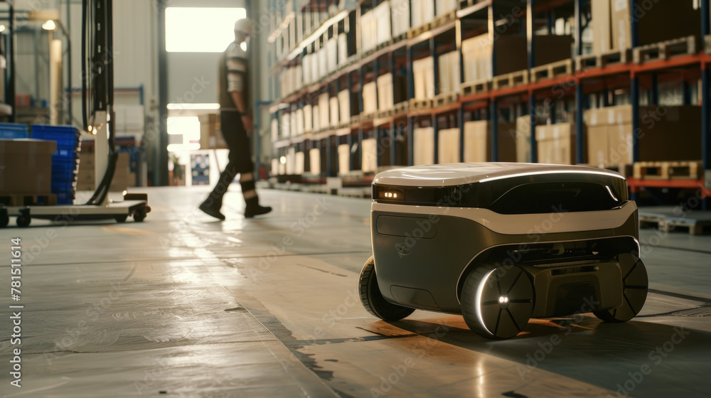Poster a robot is seen navigating along the warehouse floor, efficiently carrying out its programmed tasks