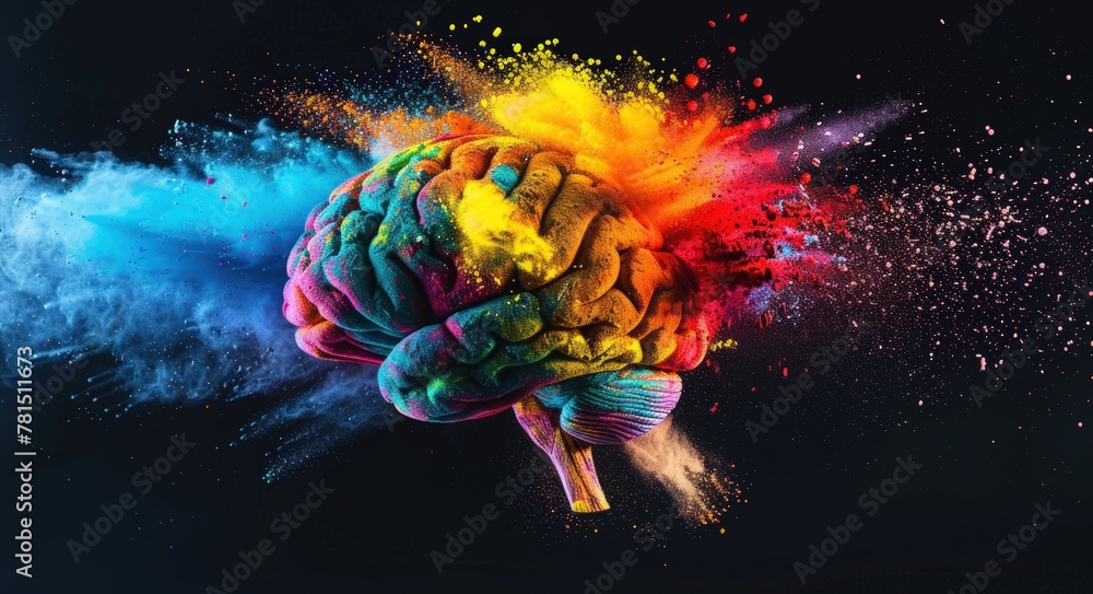 Poster a colorful brain made of powder of a exploding beautiful color. generate ai image