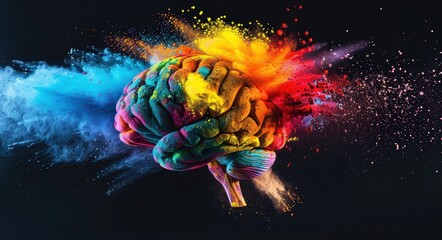 A colorful brain made of powder of a exploding beautiful color. Generate AI image