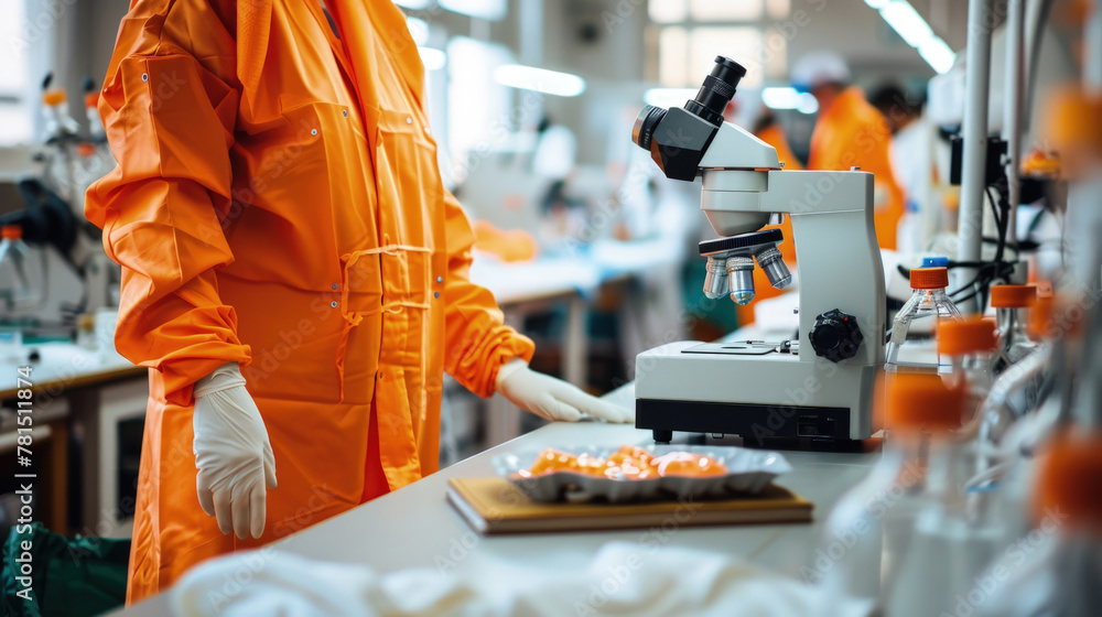 Aufkleber a person wearing an orange coverall is standing in front of a microscope, focusing on analyzing samp