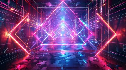 Digital artwork featuring an abstract neon light tunnel with a symmetrical geometric design.