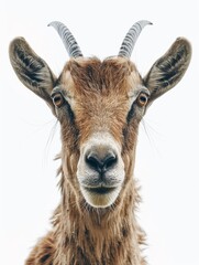 close up portrait of a goat isolated on white