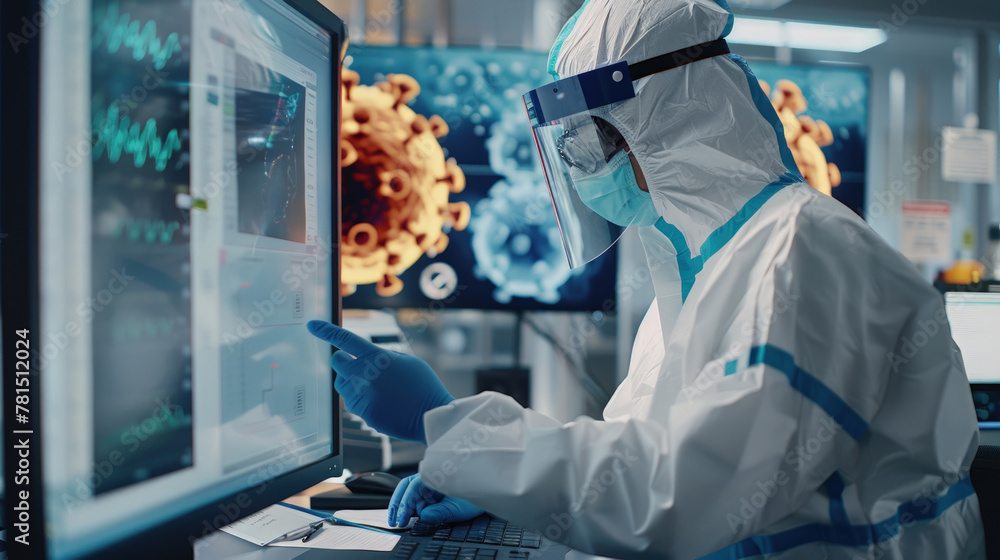 Poster a scientist clad in a hazmat suit is meticulously studying data on a monitor in a high-tech lab, wit
