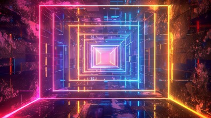 Digital artwork featuring an abstract neon light tunnel with a symmetrical geometric design.