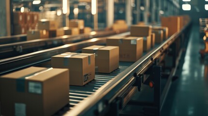 Obraz premium A famous online shopping companys boxes on a conveyors. Generate AI image