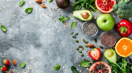 Healthy food clean eating selection: fruit, vegetable, seeds, superfood, cereal, leaf vegetable on gray concrete background. National Eat Your Vegetables Day. International Fruit Day. copy space