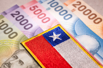 Chile finances, Chilean pesos and the Chilean flag, Economics and fiscal policy of Chile, Flat lay, Financial and business concept
