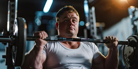 Fototapeta na wymiar Strength Training: Man with Down Syndrome Lifting Weights at the Gym. Learning Disability.