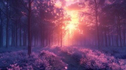 sunset on the forest with vaporwave tone color, suitable for wallpaper, poster. Generative AI