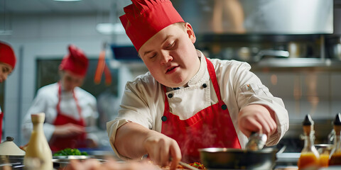 Teen with Down Syndrome Competing in a Cooking Competition. Learning Disability