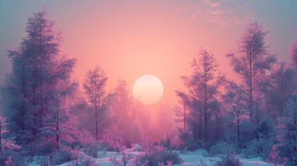 Fototapeta premium sunset on the forest with vaporwave tone color, suitable for wallpaper, poster. Generative AI