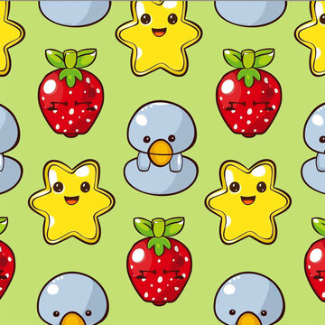 Seamless pattern with cute cartoon fruit characters.
