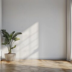 A minimalist interior with a large white wall wooden. Generate AI image