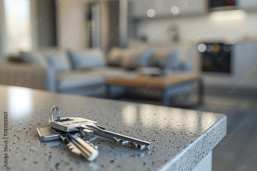 Poster a set of keys on the counter in front view blurry background. generate ai image