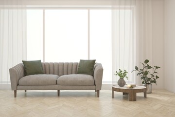 White living room with big windows and fabric sofa sofa. Scandinavian interior design. 3D illustration