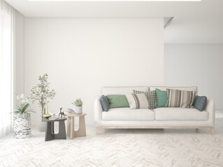 White living room with sofa. Scandinavian interior design. 3D illustration