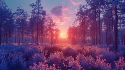 sunset on the forest with vaporwave tone color, suitable for wallpaper, poster. Generative AI