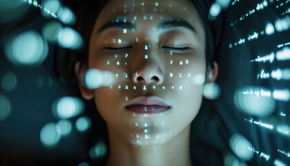 Genderless person face, eyes closed, abstract digital flying code near. Artificial intelligence or technological transcendence concept. Generative AI