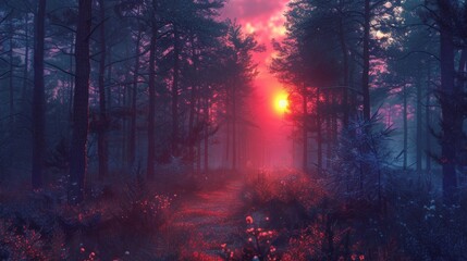 Obraz premium sunset on the forest with vaporwave tone color, suitable for wallpaper, poster. Generative AI
