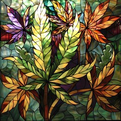 Artistic stained glass window featuring colorful cannabis leaf patterns, suitable for modern decor.