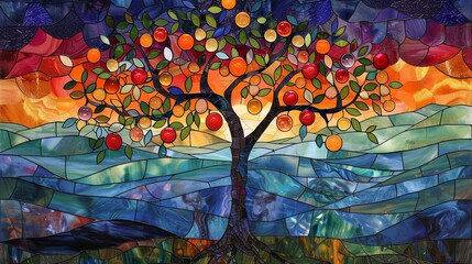 Illustrative stained glass design featuring a vibrant Tree of Life with a sunset backdrop.