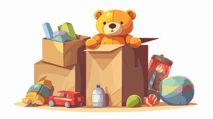 Kid toys collected in box. Cartoon vector illustrat