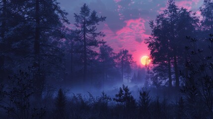 Fototapeta premium sunset on the forest with vaporwave tone color, suitable for wallpaper, poster. Generative AI