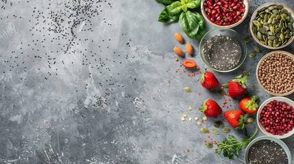 Healthy food clean eating selection: fruit, vegetable, seeds, superfood, cereal, leaf vegetable on gray concrete background. National Eat Your Vegetables Day. International Fruit Day. copy space