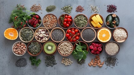 Fototapeta na wymiar Healthy food clean eating selection: fruit, vegetable, seeds, superfood, cereal, leaf vegetable on gray concrete background. National Eat Your Vegetables Day. International Fruit Day. copy space