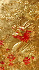 Fototapeta premium Intricate Golden Dragon and Peony Carving in Traditional Chinese Style