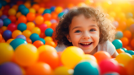 Fototapeta na wymiar Girl in dry pool with colorful balloons