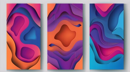 Vertical banners set with 3D abstract background and paper cut shapes. Vector design layout for business presentations, flyers, posters and invitations. Colorful carving art - obrazy, fototapety, plakaty