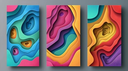 Vertical banners set with 3D abstract background and paper cut shapes. Vector design layout for business presentations, flyers, posters and invitations. Colorful carving art